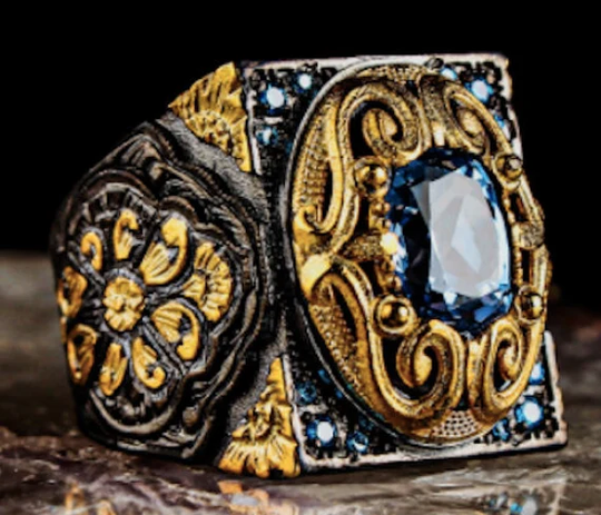 Pencil Carved Blue Topaz Stone Sterling Silver Ring-24K Gold Plated Ring-Flower Patterned Unisex Handmade Ring-Vintage Ring