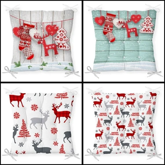 Christmas Chair Cushion|Chair Pads With Ties|Square Seat Covers|Handmade Pillows For Chairs|Fluffy Cushion|xmas Covers|Seat