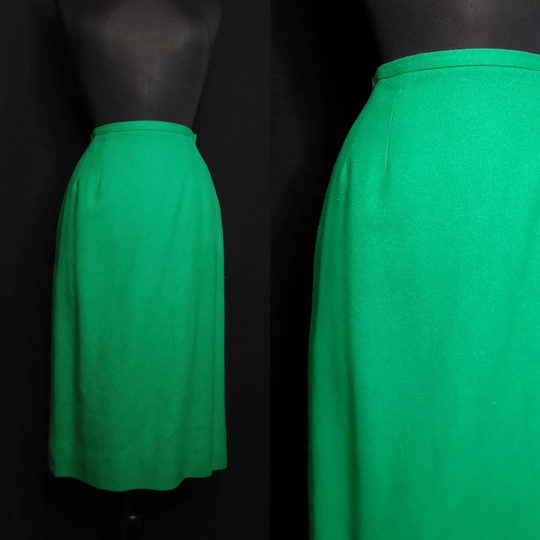 1950's Bright Kelly Green Lined Wool High Waisted Pencil Skirt/50S 50's