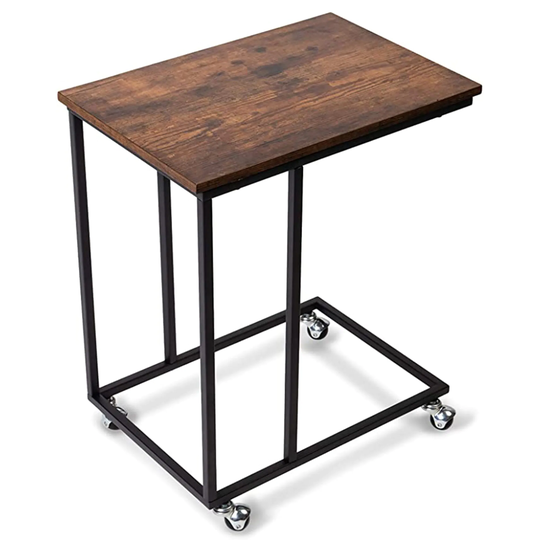 Side Table with Wheels, Industrial Bedside Table C Shaped End Table