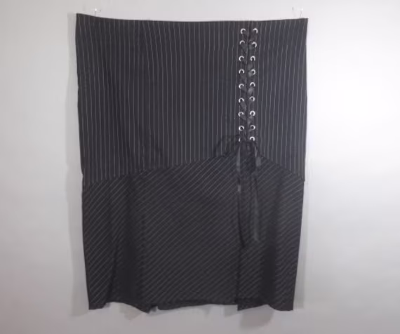 Lip Service Goth Pencil Skirt, Black Pinstripe, Pleats Front & Back, Back Zipper, Left Side Ribbon Lace Up, Rayon, Nylon, Spandex, Size 18