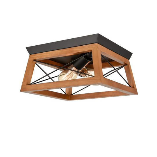 Vanesa Square Solid Wood & Black Metal Trim Flush Mount Ceiling Light