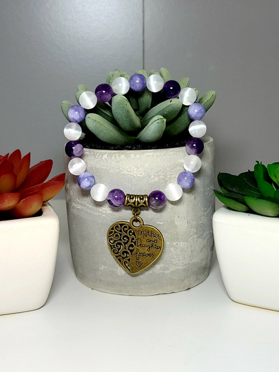 Amethyst, Selenite, & Tanzanite Beaded Bracelet With Mother Daughter Forever Heart Charm Mother/Daughter