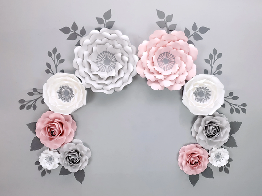 Pink & Gray Paper Flowers For Nursery Wall Decor, Girl's Room Decoration, Roses in Grey