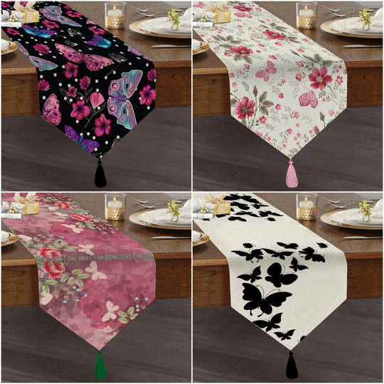 Butterfly Table Runner|High Quality Triangle Dining Runner|Summer Trend Floral Tabletop|Black Print Runner