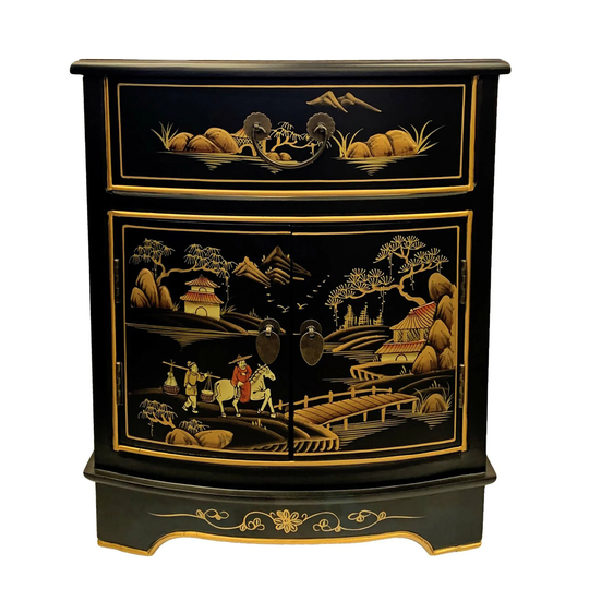 Oriental End Table With Antique Landscape Design in Black