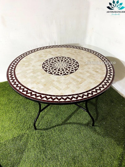 Mosaic Table Terracotta & White 100 % Moroccan Handcrafted For Outdoor Indoor, Tiles Tables, Garden