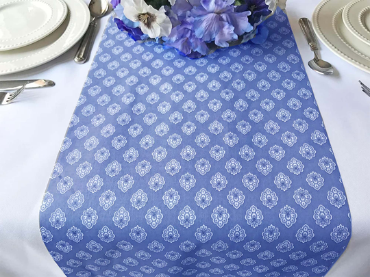 Laminated Table Runner Provence Coated Water Resistant Grasse in Blue -Spill-Proof Easy Care Fabric - Fully Lined