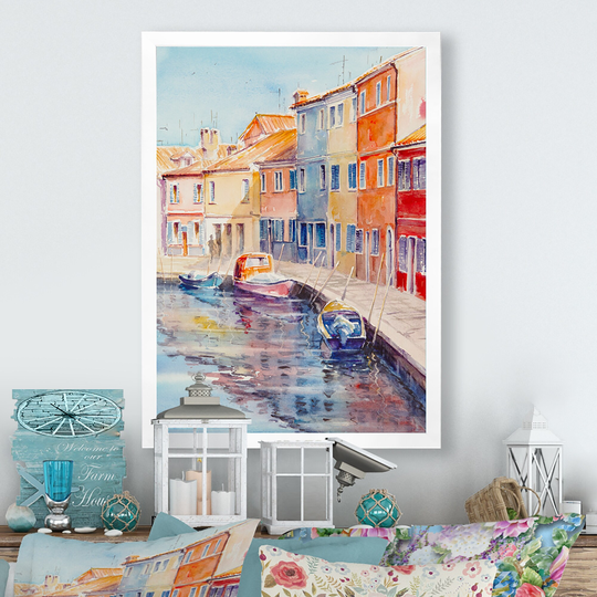 Designart 'Colorful Houses Burano Island Venetian' Traditional Framed Art Print