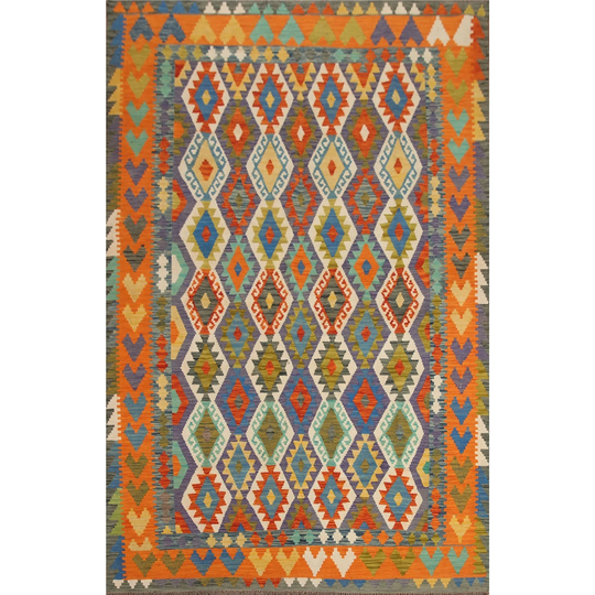 Multi-Color Kilim Geometric Area Rug Flat-weave Wool Carpet - 6'8"x 9'6"