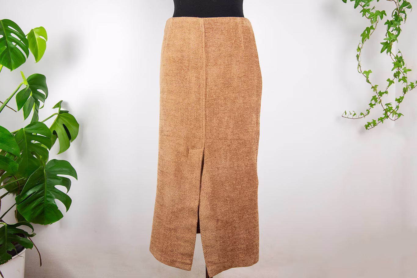 Vintage Camel Brown Fuzzy Stretchy Knit Pencil Maxi Skirt
