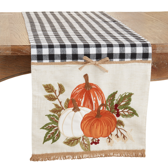 Embroidered Pumpkins Plaid Table Runner - 16"x70"
