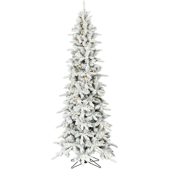 Fraser Hill Farm 7.5-Ft. Slim Mountain Pine Flocked Christmas Tree with Warm White LED Lights