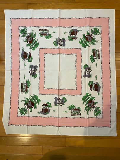 Cotton Vintage Table Cloth/Cover - 44" X 48" Outdoor Theme Well, House, Birdhouse & Wheel Fits Card Table Or Others Pink Brown