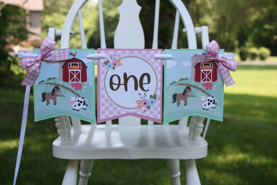 Farm Girl High Chair Banner, Barnyard Decoration, Pink Gingham, Shabby Chic First Birthday Party