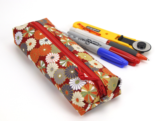 Handmade Pencil Case, Zippered Pen Pouch, Back To School, Chrysanthemum Red
