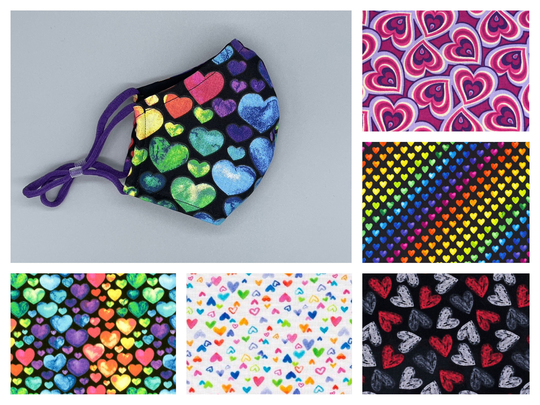 Hearts, Rainbows, Colorful Face Mask - Adult, Child, Kid, School, Adjustable, Nose Wire, Cotton, Washable, Handmade, Reusable