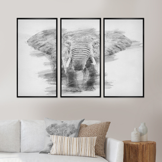 Designart 'Black and White Elephant Pencil ketch ' Animal Framed Wall Decor Set of 3 - 4 Colors of Frames