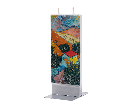 Hand Painted Flat Candle | Van Gogh Landscape With House & Ploughman Small Unique Gift Art Fine Shelf Décor