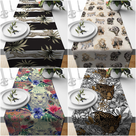 Wild Animals Table Runner|Floral Animal Print Top|Wild Cats Tablecloth|striped Cheetah Runner|Animal With Floral Pattern Runner