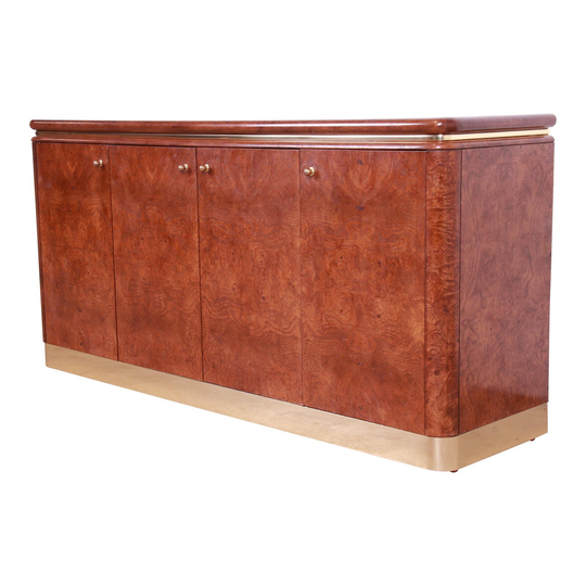 Milo Baughman Style Burl Wood & Brass Sideboard Credenza By Lane, 1970S