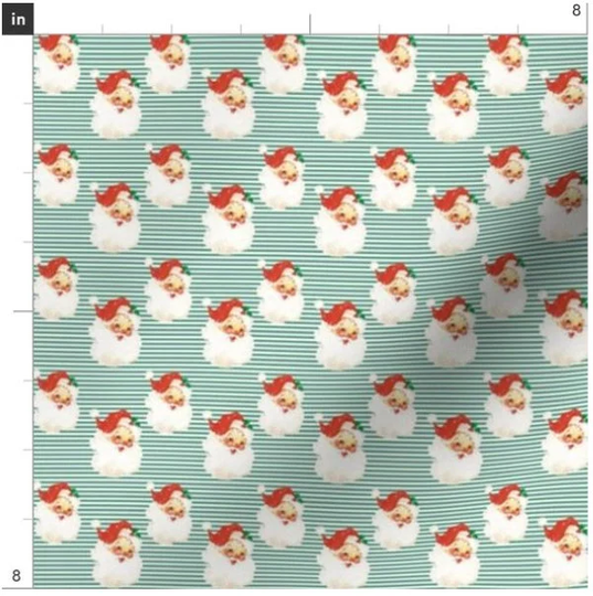 1" Vintage Santa On Green Stripes Fabric By The Yard | Christmas Claus Holiday Retro Classic