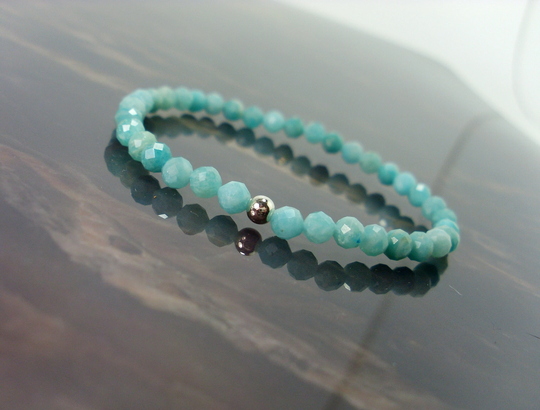 Dainty Amazonite Faceted Bracelet 4mm + Sterling Silver Bead, Natural Gemstone Bracelet, Stretch Beaded For Women Girl Gift Bag