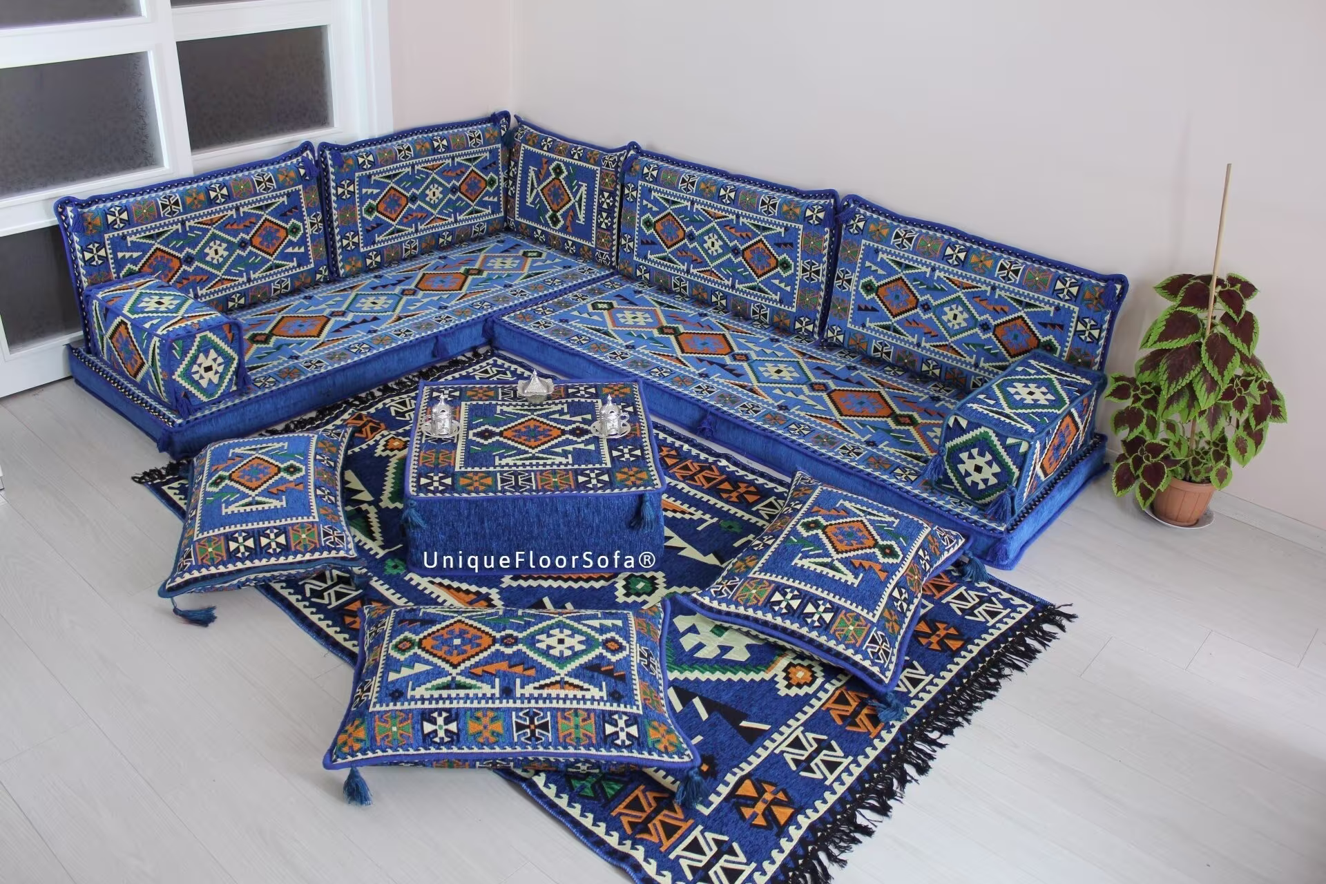 Blue L Shaped Arabic Sofa Set, Corner Floor Couch, Ottomans, Pillows, Sectional Sofa, Seating Sofa, Arabic Majlis, Living Room Set