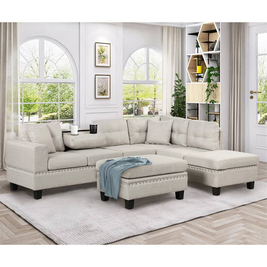 Sectional Sofa Storage Ottoman L-Shape Cup Holder Reversible Chaise