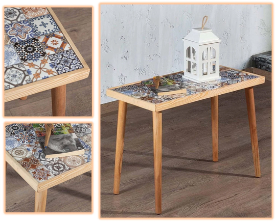 Coffee Table With Tapered Legs & Tiles Wooden Tiled Top End Retro Rustic Side Ceramic Rectangle Bohemian Tile