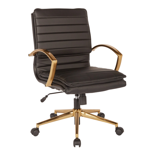 OS Home and Office Furniture Model Mid-Back Faux Leather Chair with Gold Finish in Black Faux Leather