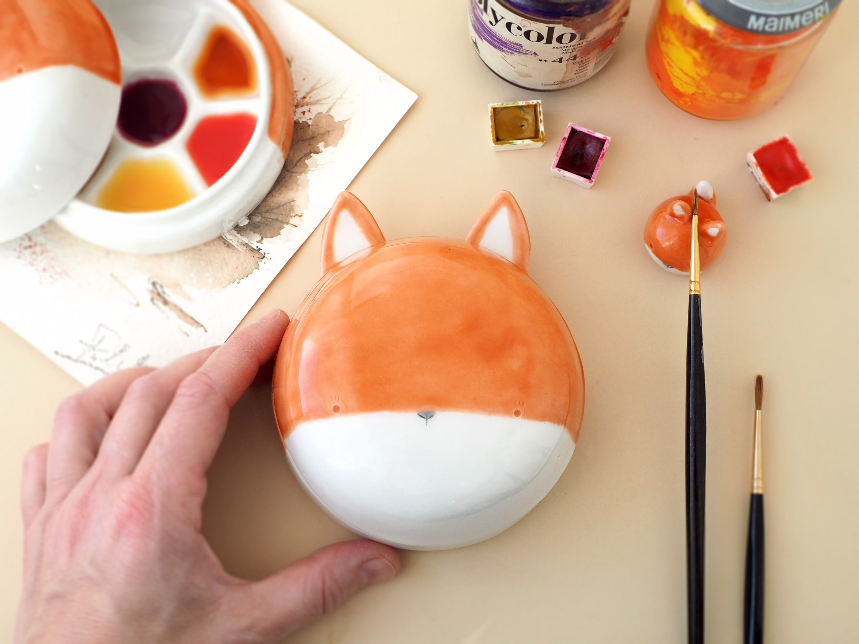 Ceramic Watercolor Palette & Brush Rest, Red Fox Face. The Lid Is A Water Bowl For Brushes. Kit Or Single Item Handmade in Italy