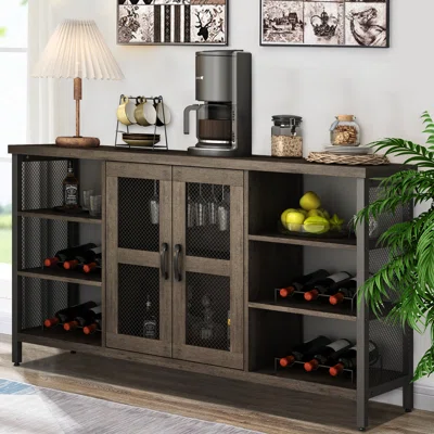 Rathgunde 55"W Farmhouse Wine Bar Cabinet for Liquor & Glasses, Wood Sideboard with Wine Rack Buffet