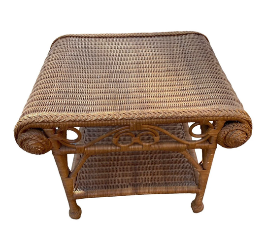 1980S Boho Chic Wicker Side Table With Scrolling Details
