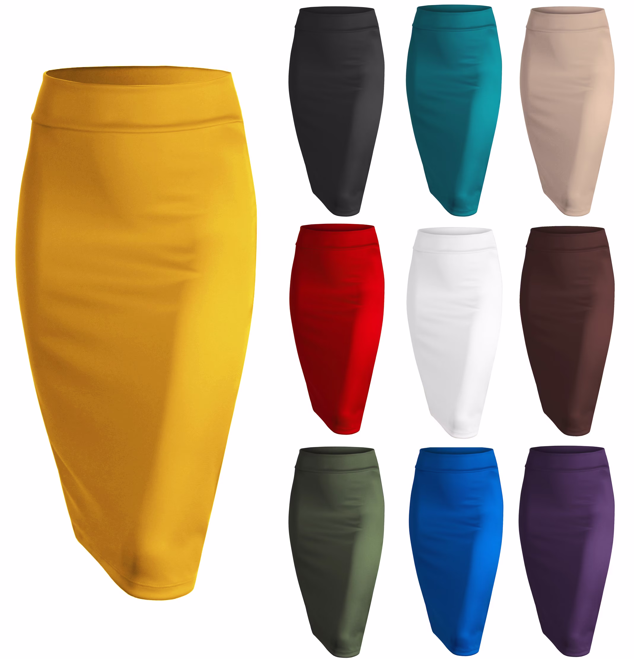 Women's Elastic Waist Stretch Bodycon Midi Knee Length Pencil Skirt