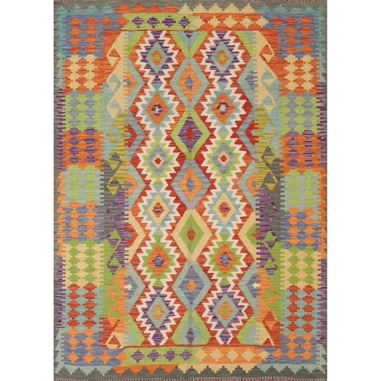 Multi-Color Geometric Kilim Oriental Rug Hand-woven Wool Carpet - 5'2"x 6'6"