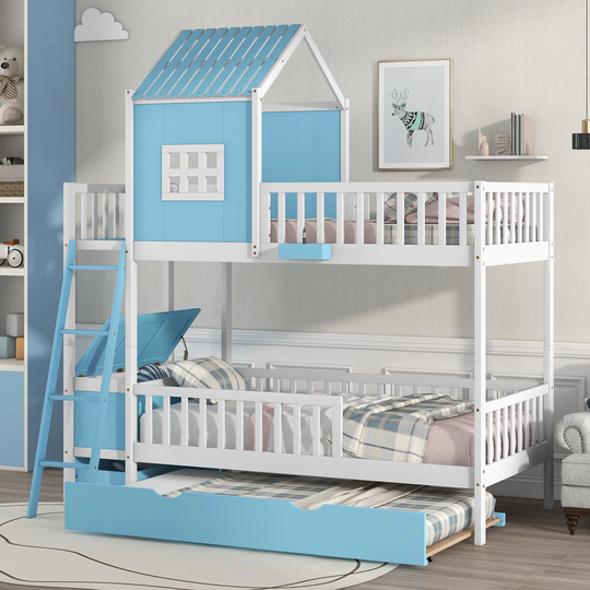 Blue Playhouse Twin over Twin Wood Bunk Bed with Removable Wheeled Twin Trundle and Drawer / Storage Box / Guardrails / Window