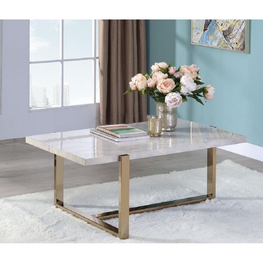 Glam, Modern Feit Coffee Table in Faux Marble & Champagne