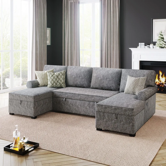 U-Shaped 6-seat Sectional Sofa with Double Storage Chaise Longue