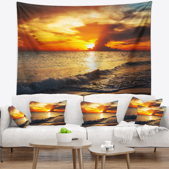 Designart 'Colorful Dramatic Sunset over Waves' Modern Beach Wall Tapestry