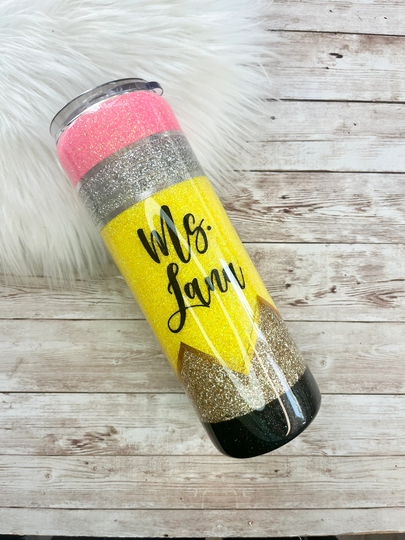 Classic Yellow Glitter Pencil Tumbler, Epoxy Tumbler For Teacher, Gift Teacher
