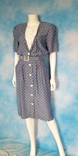 Vintage 80S Does 40S Chambray Blue & White Polka Dot Acetate Rayon Pencil Dress/ Periwinkle/ Size S-M | Waist 26"-33"