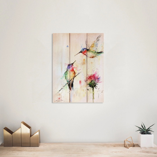 Two Colorful Hummingbirds Watercolor Wood Print
