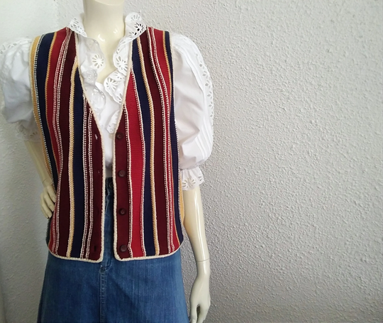 80S Vintage Striped Vest Retro Colorful Spring Multi-Color Gilet Cotton Pop-Art Gipsy Style L Size Boxy Knitted