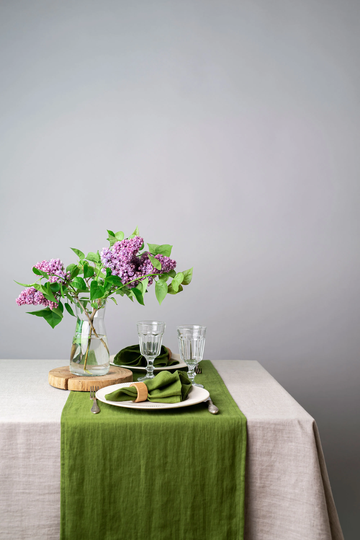Olive Green Linen Table Runner. Softened Dining Decor. Kitchen Natural Decor