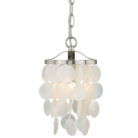 Elsa Satin Nickel Coastal Capiz Shell Mini Pendant Ceiling Light - 6-in W x 13-in H x 6-in D