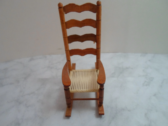 Vintage Doll House Rocking Chair Miniature High Back Woven Cloth Seat Ladderback