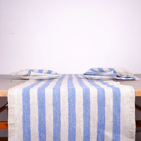 Rustic Linen Table Runner Burlap Style, Vintage Stonewashed Farmhouse Runner, Striped Fabric Centerpiece Green Stripes