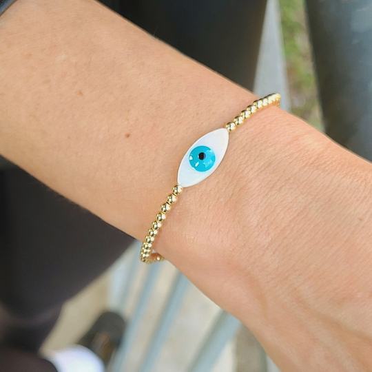 Mother Of Pearl Evil Eye Gold Filled Bracelet, Good Luck, Isabella Celini, Beaded, Stacking Gift For Women