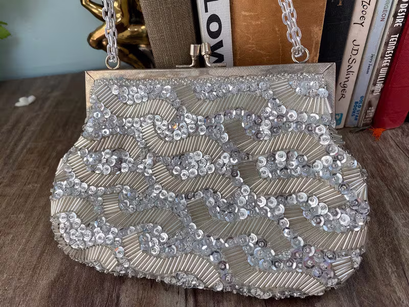 Vintage Silver Beaded Purse Made in Hong Kong With Original Box
